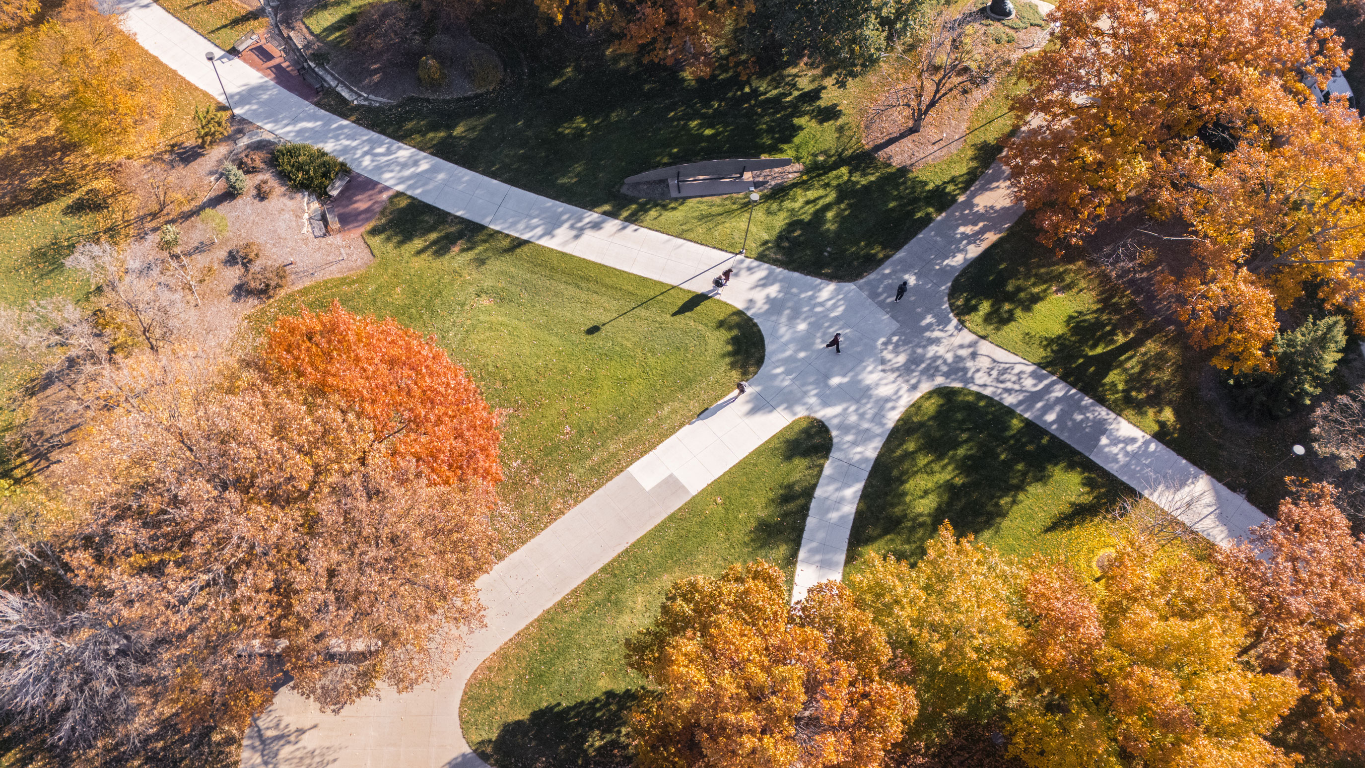 photo of campus from an overhead angle looking at sidewalks on campus and trees in the fall