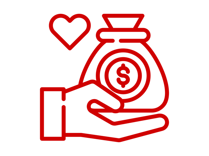 fundraising icon with hand bag of cash and a heart