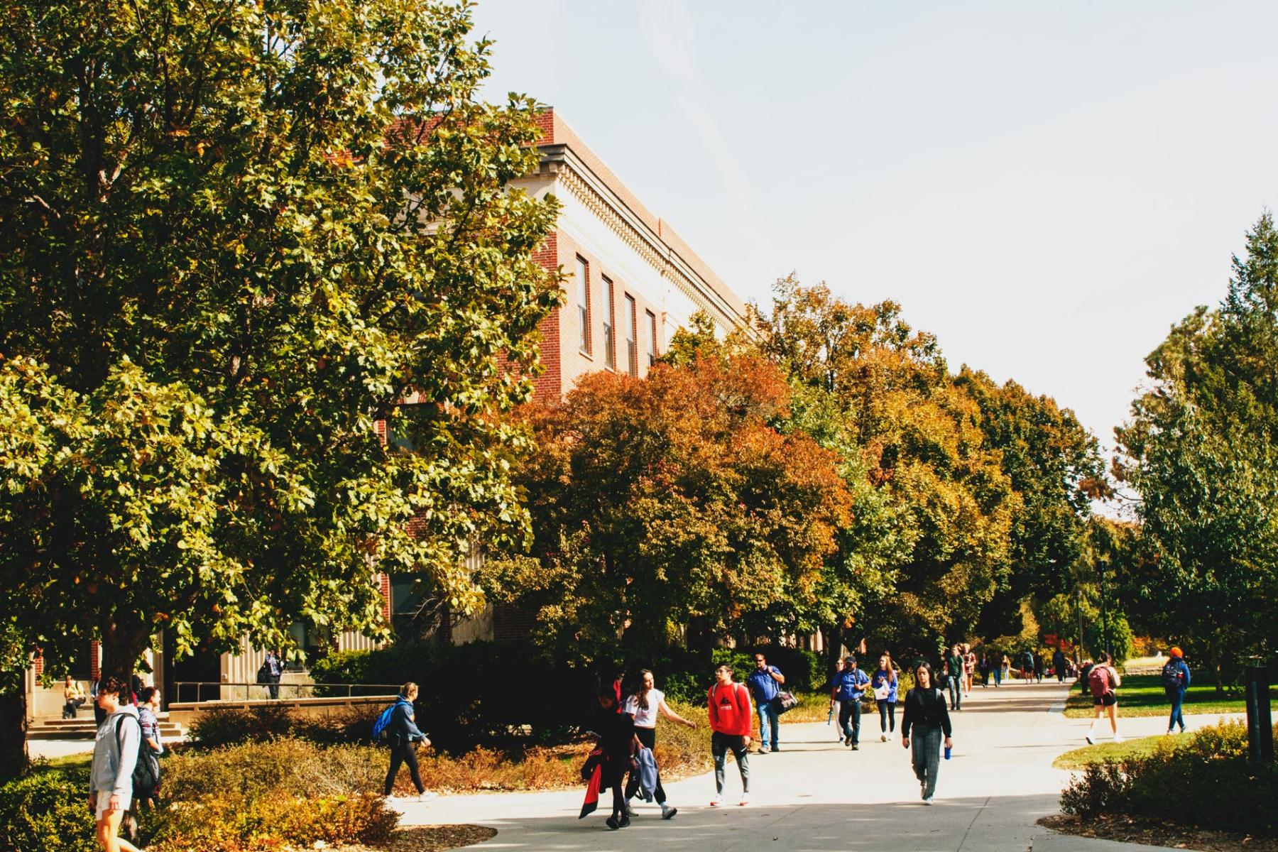 University of Nebraska-Lincoln students walk to class in the fall.