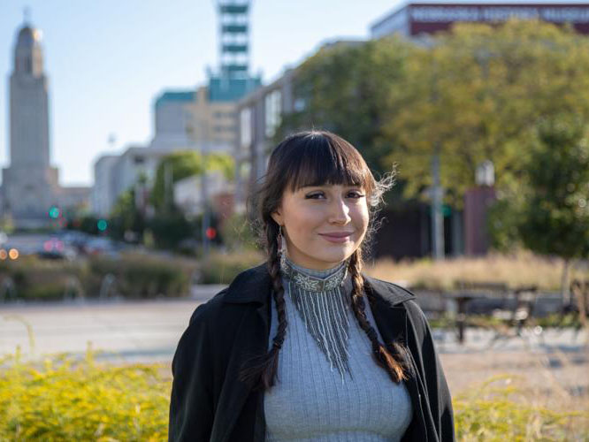 Vice President of University of Nebraska-Lincoln Intertribal Exchange (UNITE) Luta Menard poses for a portrait outside of Andersen Hall on Saturday, Oct. 12, 2019, in Lincoln, Nebraska.