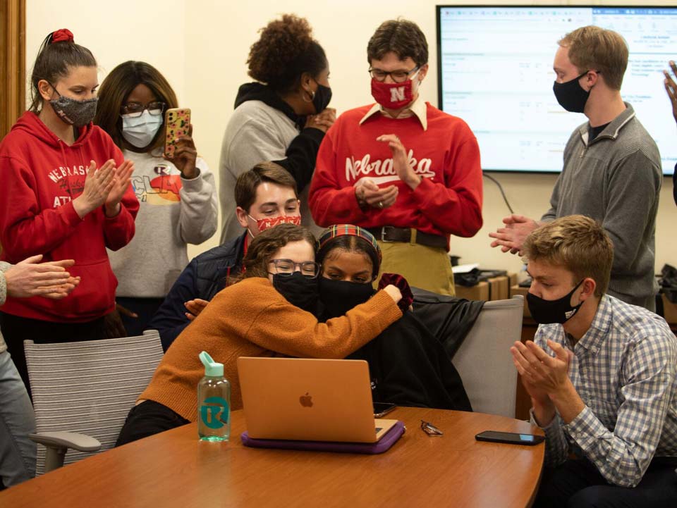 ASUN President-elect Batool Ibrahim and Internal Vice President-elect Taylor Jarvis hug as they hear the results of the election on Wednesday, March 24, 2021, in the Nebraska Union in Lincoln, Nebraska. | Daily Nebraskan