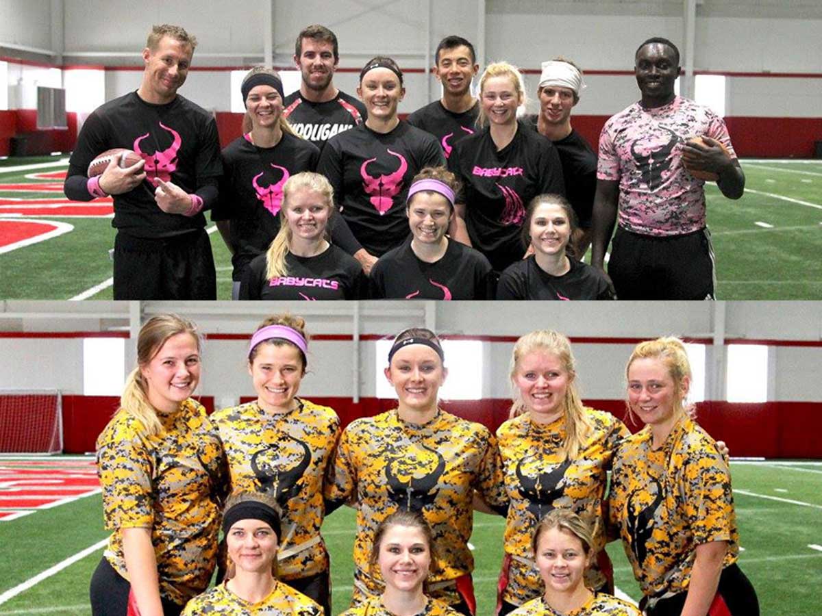 (Top) 'Diablos' co-rec team members; (Lower) 'Huskers' women's team members.