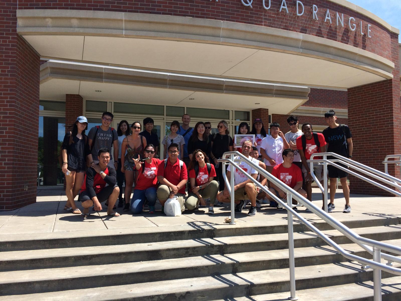 International students at UNL in front of Selleck Dining Hall.