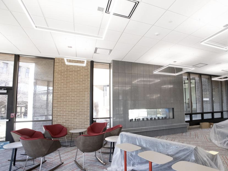 A double-sided fireplace separates a renovated lounge area from an outdoor plaza at the Nebraska East Union. GWYNETH ROBERTS, Journal Star