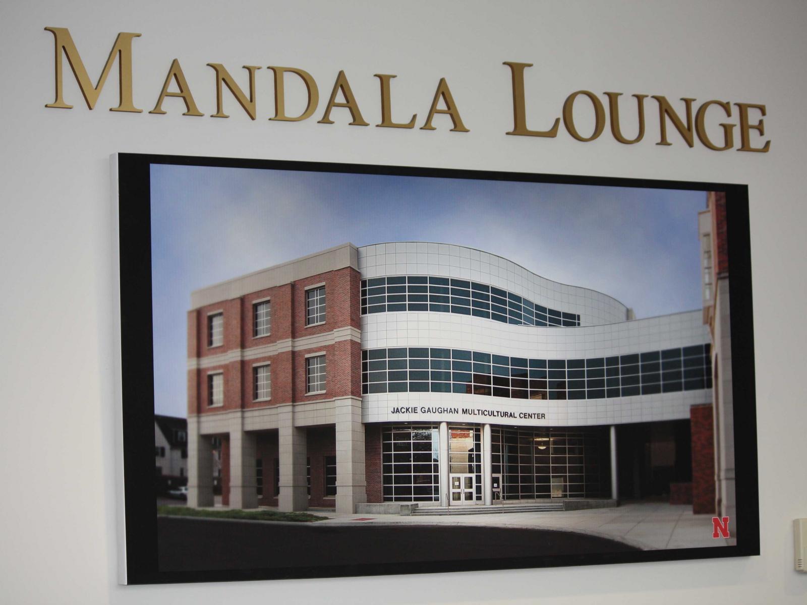 Jackie Gaughan Multicultural Center building portrait in the center of the gallery wall