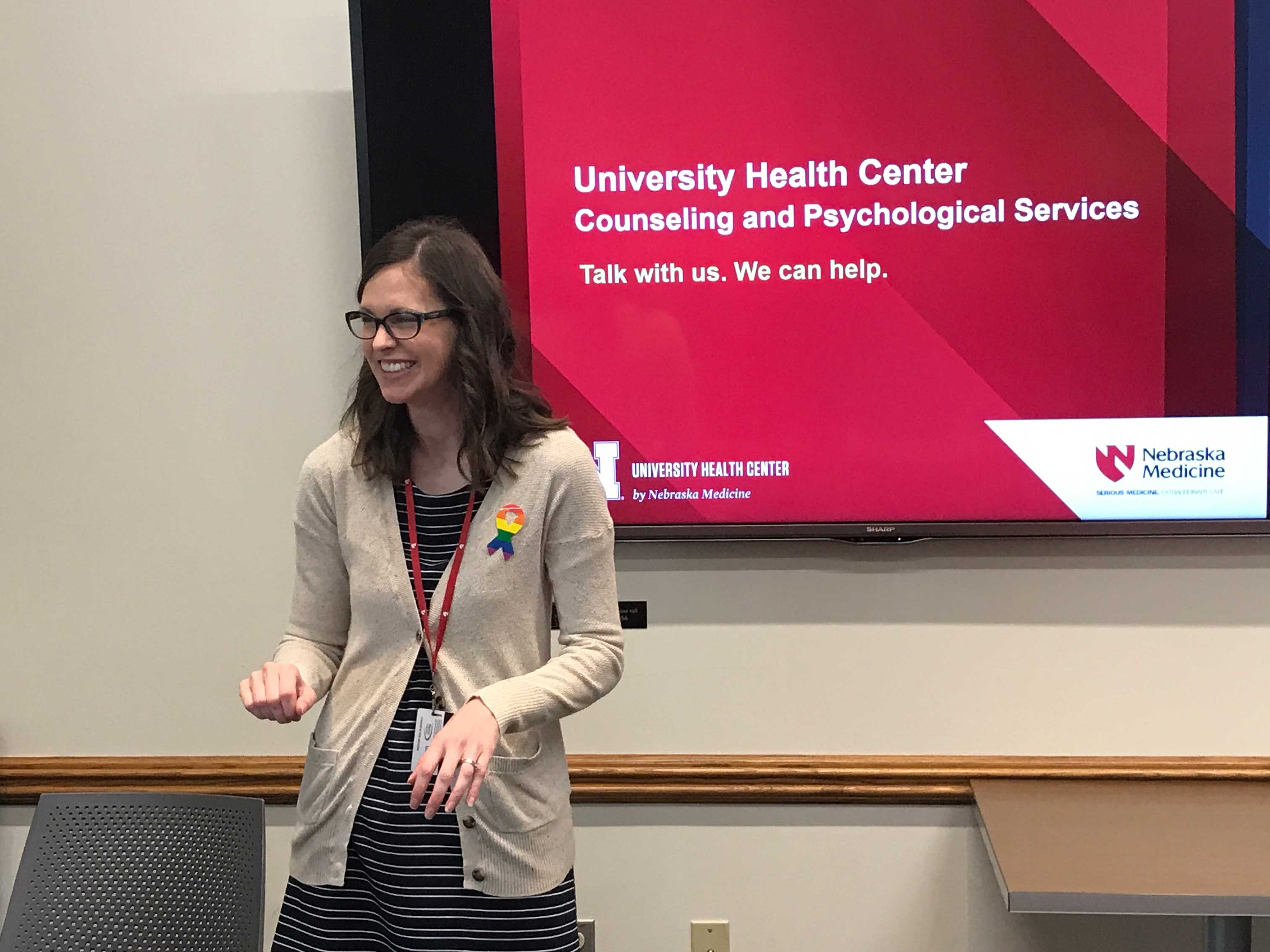 Cynthia Von Seggern, psychologist and group and outreach coordinator with CAPS, gives a presentation explaining counseling services available through the University Health Center managed by Nebraska Medicine. 