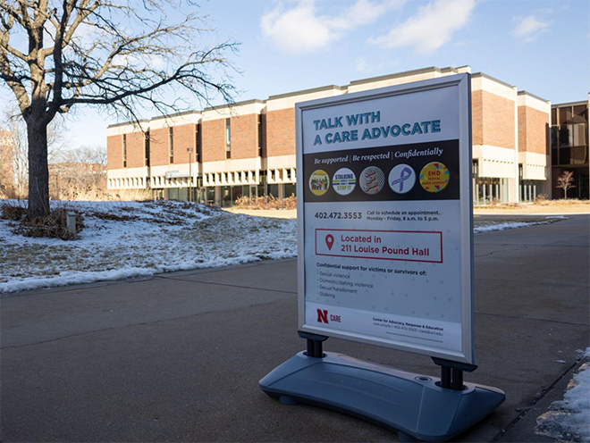 CARE information sign in front of Louise Pound Hall on Friday, Jan. 27, 2023, in Lincoln, Nebraska. [photo by Nandini Rainikindi | Daily Nebraskan]