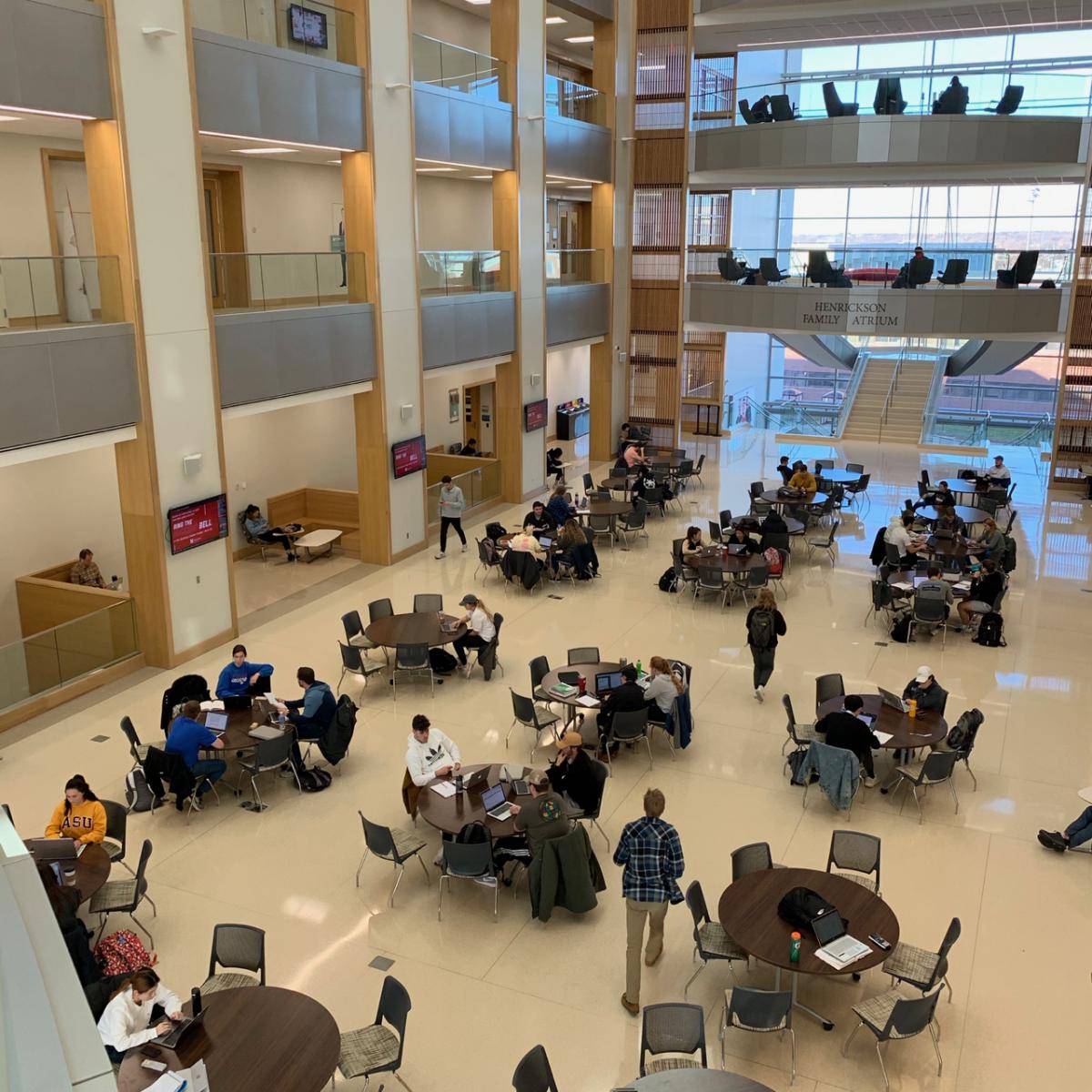 students studying in COB atrium