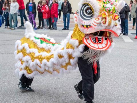 Two people in dragon costume 