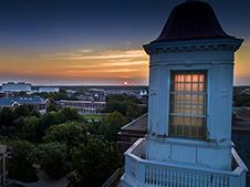 Night view of the Love Library cupola.