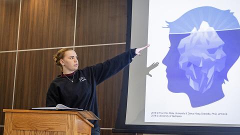 Madi Pfeiffer, a Big Red Resilience and Well-Being ambassador, goes over statistics about suicide for a REACH training session. [Kristen Labadie | University Communication and Marketing]