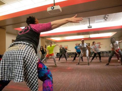 Associate professor Kwakituli Dreher teaches a Zumba class for Love Your Heart Week at the Nebraska East Union on Wednesday, Feb. 12, 2020, in Lincoln, Nebraska. | Daily Nebraskan