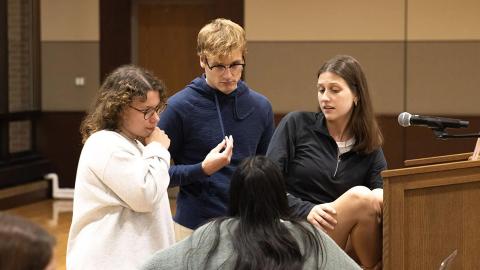 The Association of Students of the University of Nebraska Executive Officers have a discussion before the general Senate meeting in the Nebraska East Union Great Plains Room on Wednesday, Oct. 11, 2023 in Lincoln, Nebraska.  [Photo by Justin Diep | Daily Nebraskan]