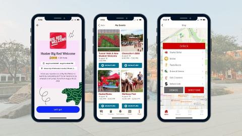 Three phone screens displaying apps needed for the fall semester, including Goosechase, the Nebraska app, and Transact mobile dining.