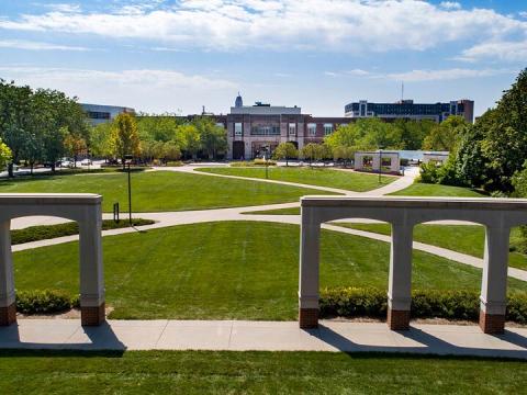 Aerial view of the University of Nebraska-Lincoln across the Meiers Commons.