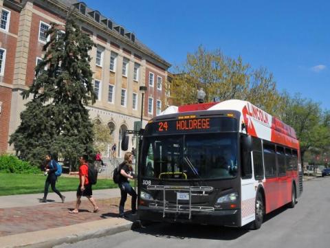 Bus in front of the Nebraska Union