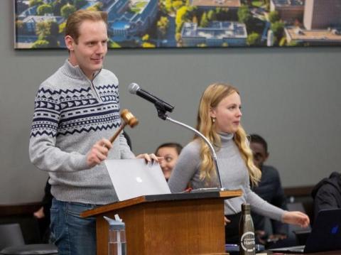 ASUN internal vice president Jared Long swings the gavel during a meeting in the Nebraska Union on Wednesday, Feb. 12, 2020, in Lincoln, Nebraska.