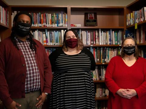   University of Nebraska-Lincoln women’s center staff, Derrick Gulley, Stephanie Alderson and Pat Tetreault (left to right), pose for a portrait at the women’s center in the Nebraska Union on Monday, March 15, 2021 in Lincoln, Nebraska. (Photo by Johnna Sisneros | Daily Nebraskan) 