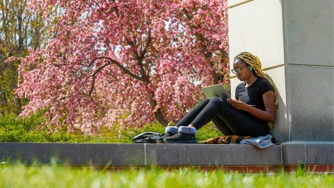 Maryam Ajibola, a freshman in psychology from Lockport, Illinois, studies amid the blooms of a crabapple tree outside the Nebraska Union. [Craig Chandler | University Communication and Marketing]