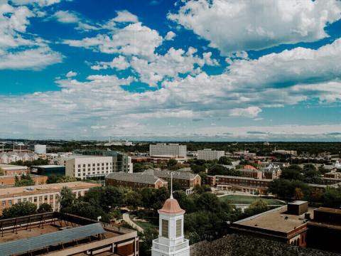 Aerial view of the University of Nebraska-Lincoln north past Love Library