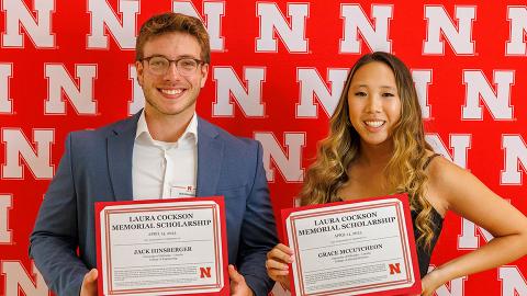 In 2023, Jack Hinsberger (l) and Grace McCutcheon (r) were the recipients of the Laura Cockson Memorial Scholarship. [Mike Jackson | Student Affairs Marketing and Communication]