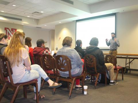 Outdoor Adventure Center Coordinator Todd Grier introduces the concept of risk management at the Feb. 14 RSO workshop